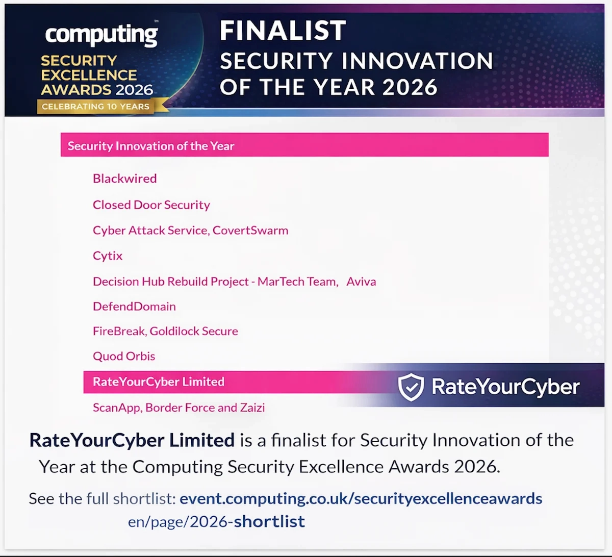 RateYourCyber shortlisted for Security Innovation of the Year at Computing Security Excellence Awards 2026