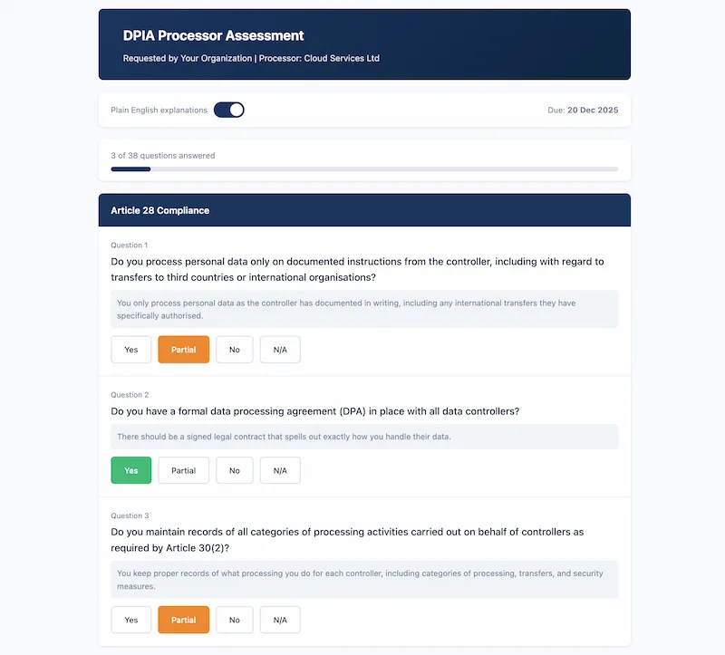 DPIA Processor Assessment interface showing Article 28 compliance questions with plain English explanations